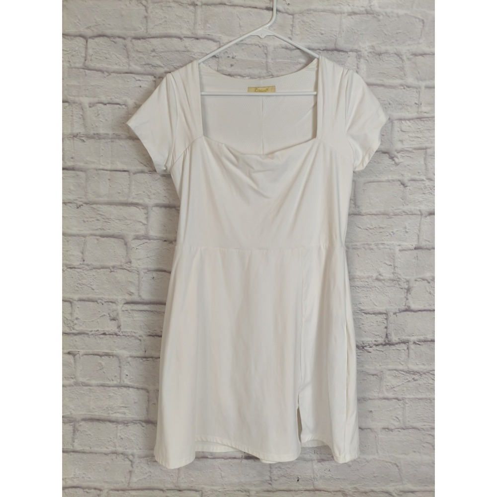 Qinsen White Tennis Dress for Women Square Neck Short Sleeve Skort w/ Pockets XL